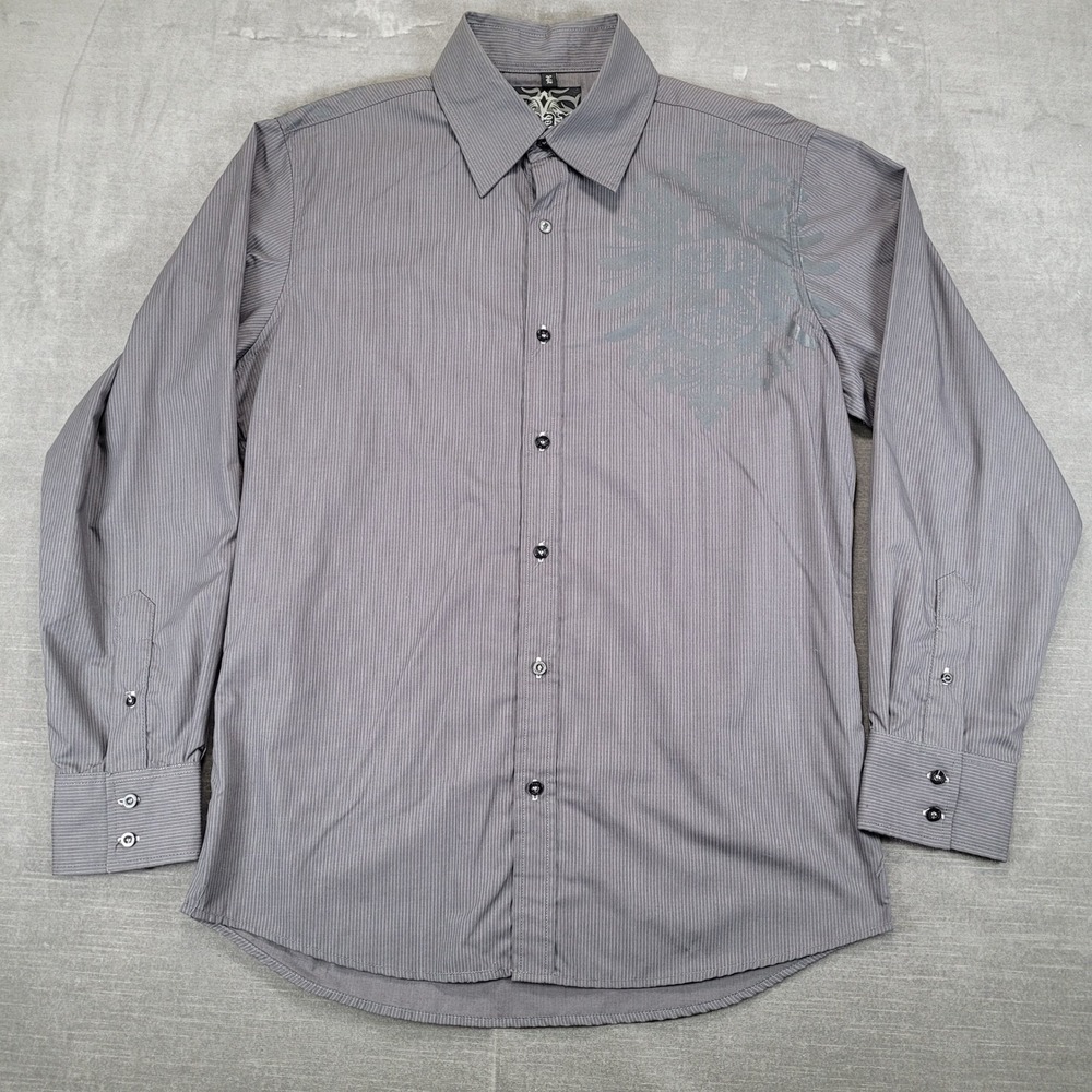 ROAR Mens‎ Long Sleeve Button Up Shirt Gray Pinstripe Graphic Print Size L
